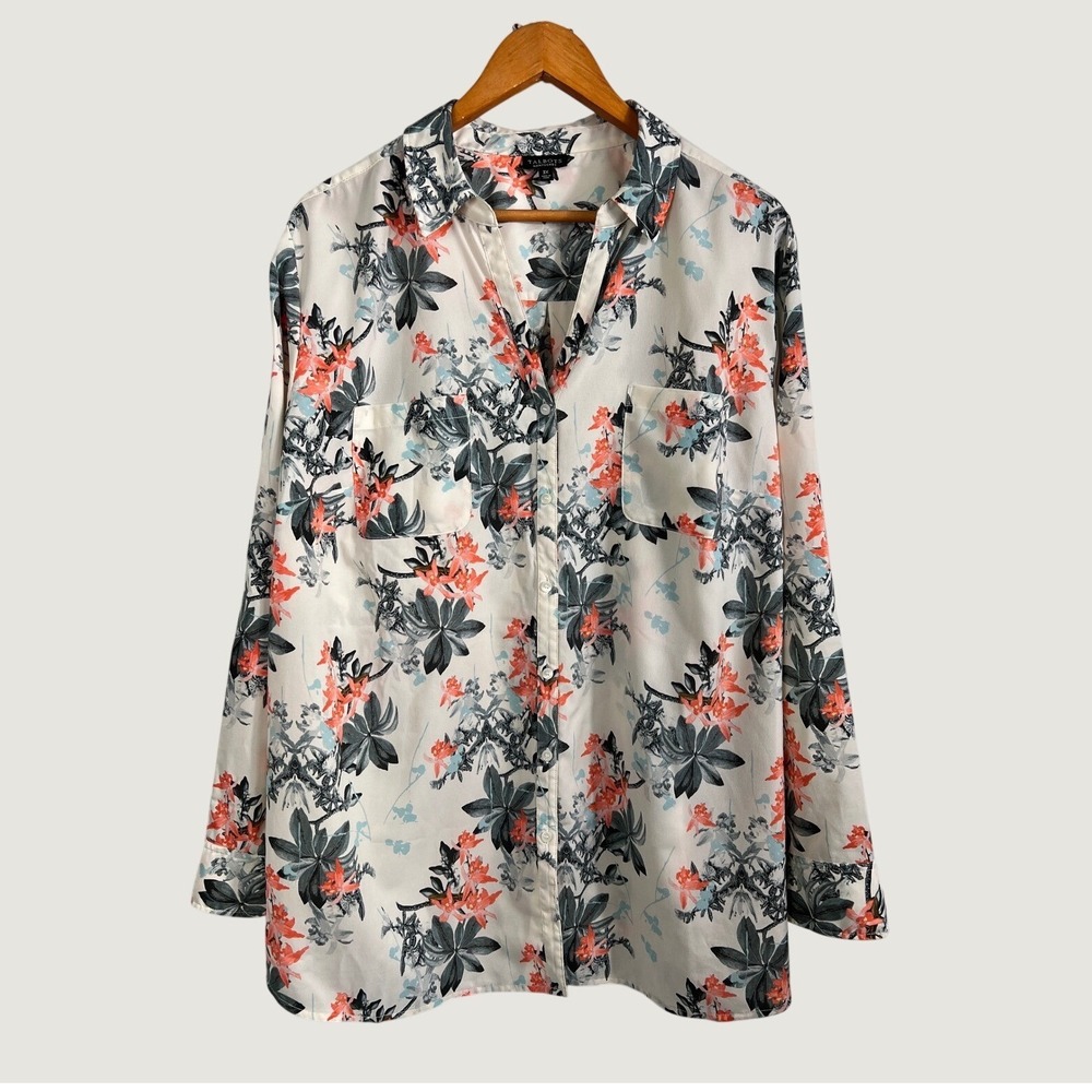 Talbots Nantucket Womens 3X Floral Buttonโ Up Blouse Long Sleeve Tropical Cream